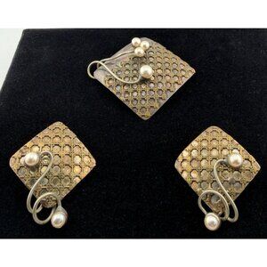 Vintage Brutalist Modernist Sterling Silver & Pearl Brooch Pendant Earrings Set